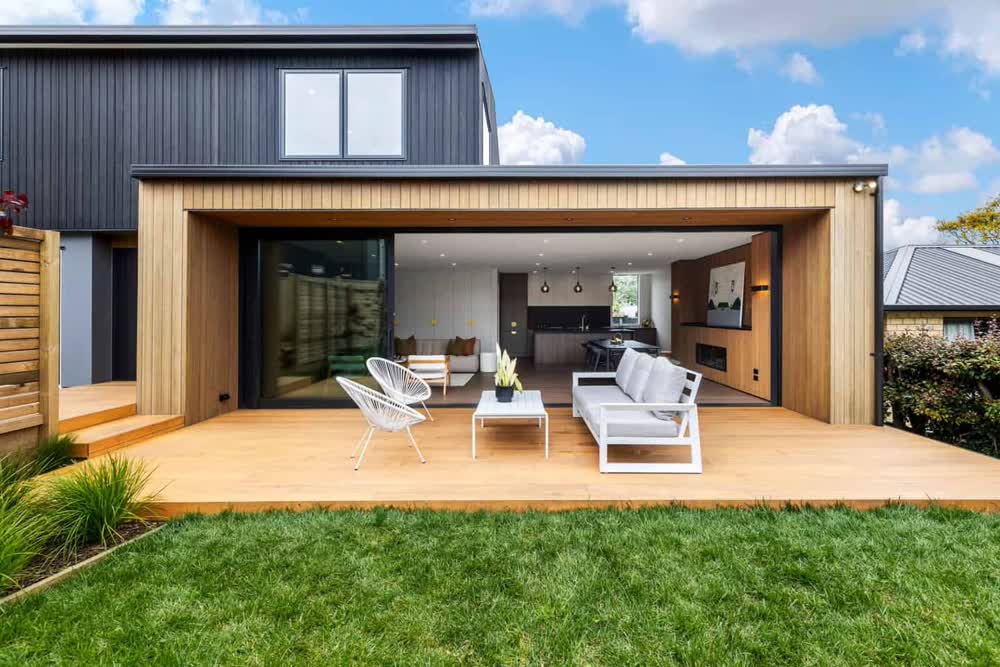 Lawn extending from deck area